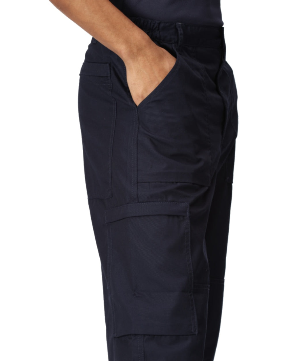Navy coloured Regatta Mens Multi Pocket Action Trousers Long Leg on white background 