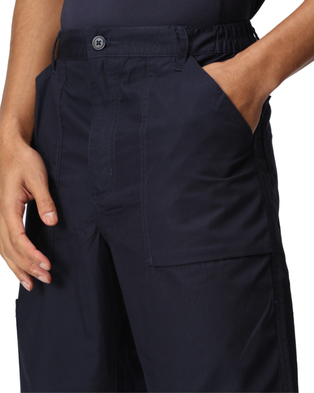 Navy coloured Regatta Mens Multi Pocket Action Trousers Long Leg on white background 