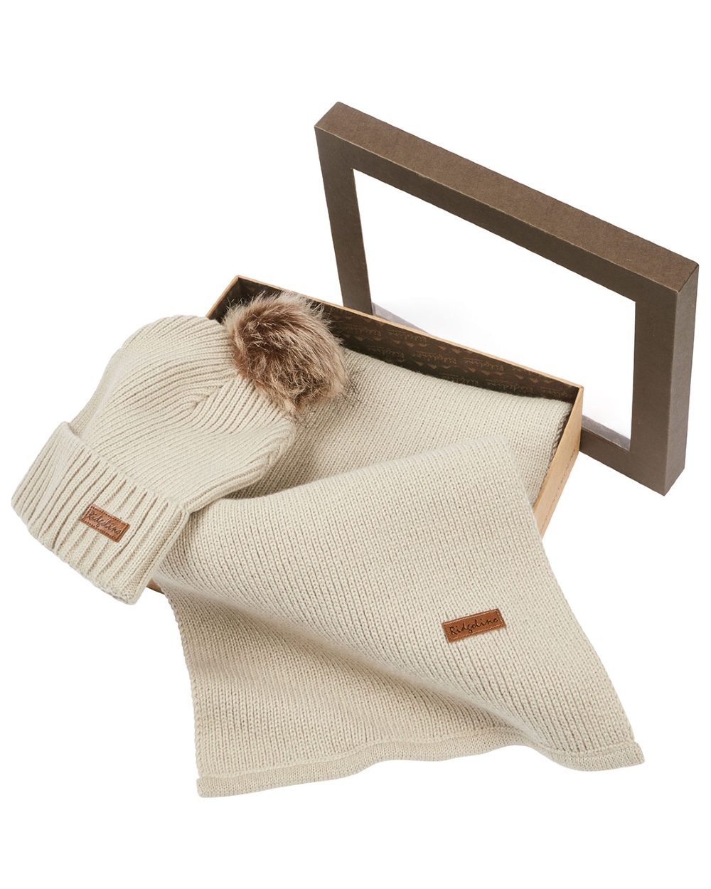Sand coloured Ridgeline Baltic Bobble Hat &amp; Scarf Set on white background 