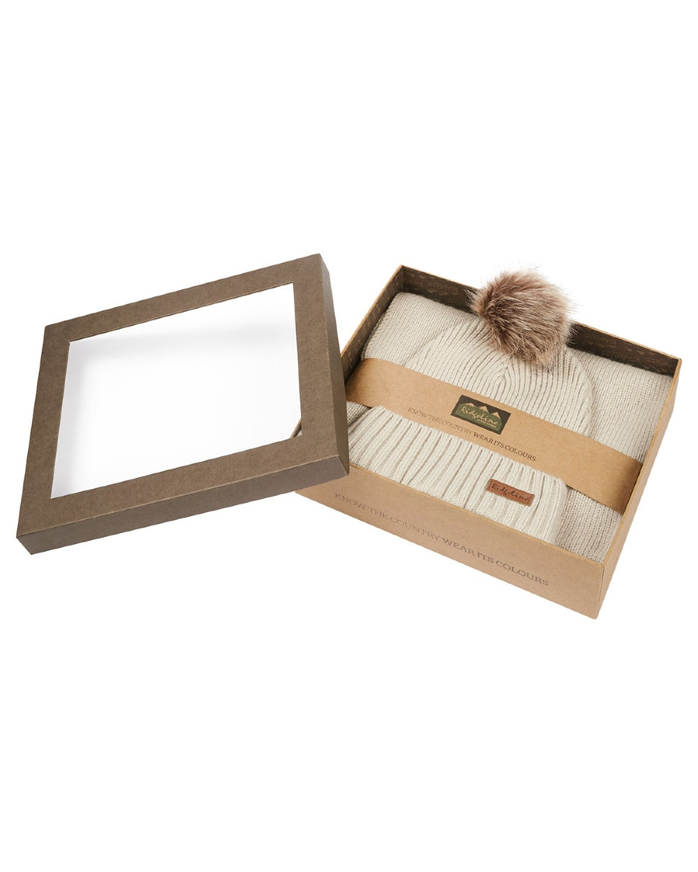 Sand coloured Ridgeline Baltic Bobble Hat &amp; Scarf Set on white background 