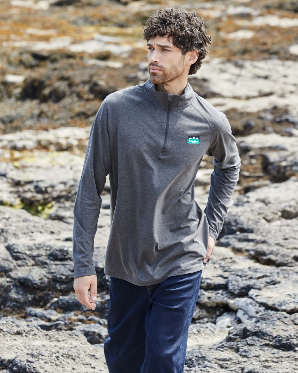 Light Bark Marl Coloured Ridgeline Baseline Pull On Zip Top on outdoor background 