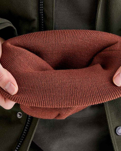 Nutmeg coloured Ridgeline Heritage Fine Knit Beanie on white background 