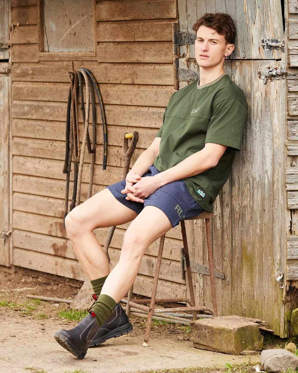 Olive coloured Ridgeline Hose Down T-Shirt on door background 