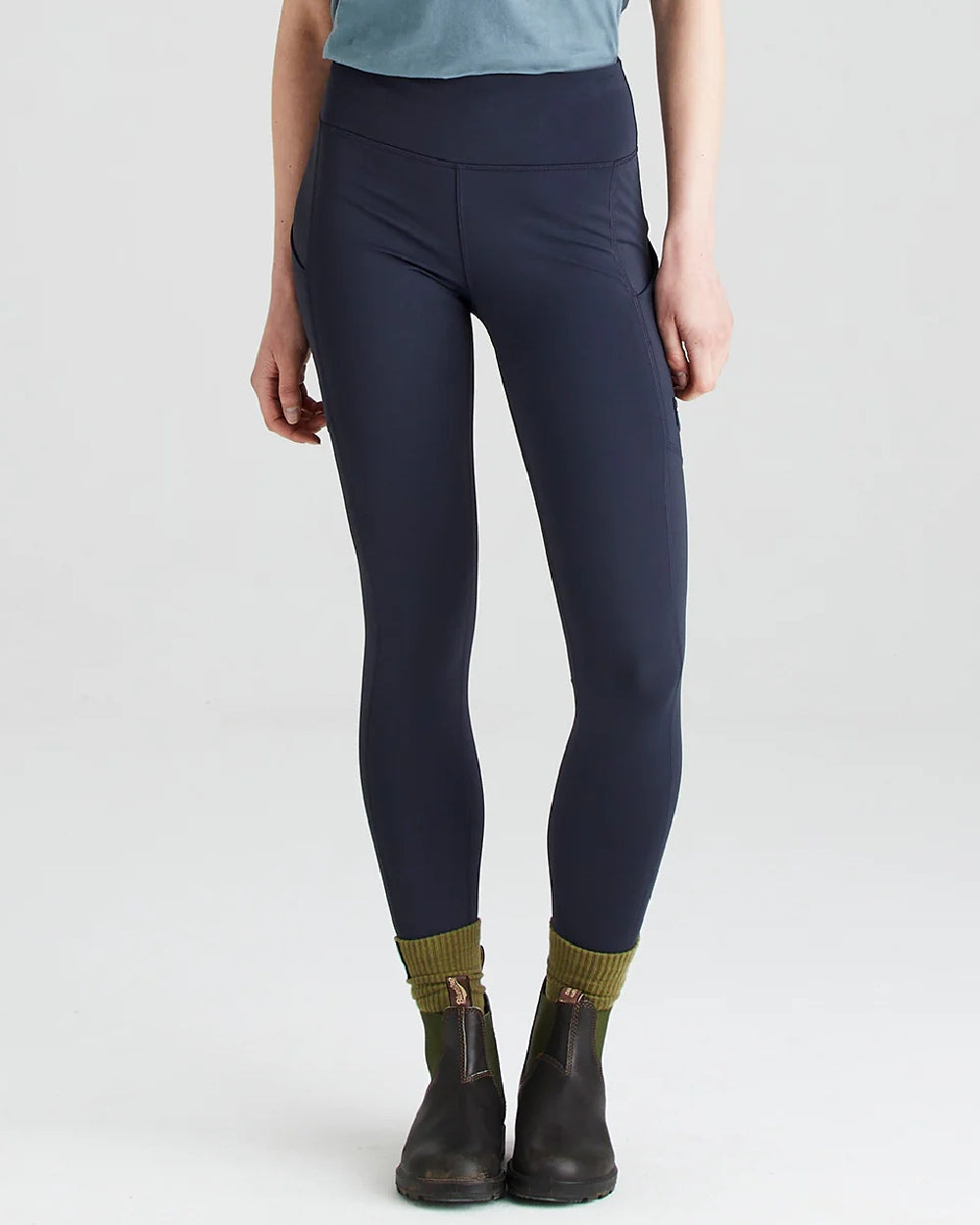 Navy coloured Ridgeline Infinity Pro Leggings on grey background 