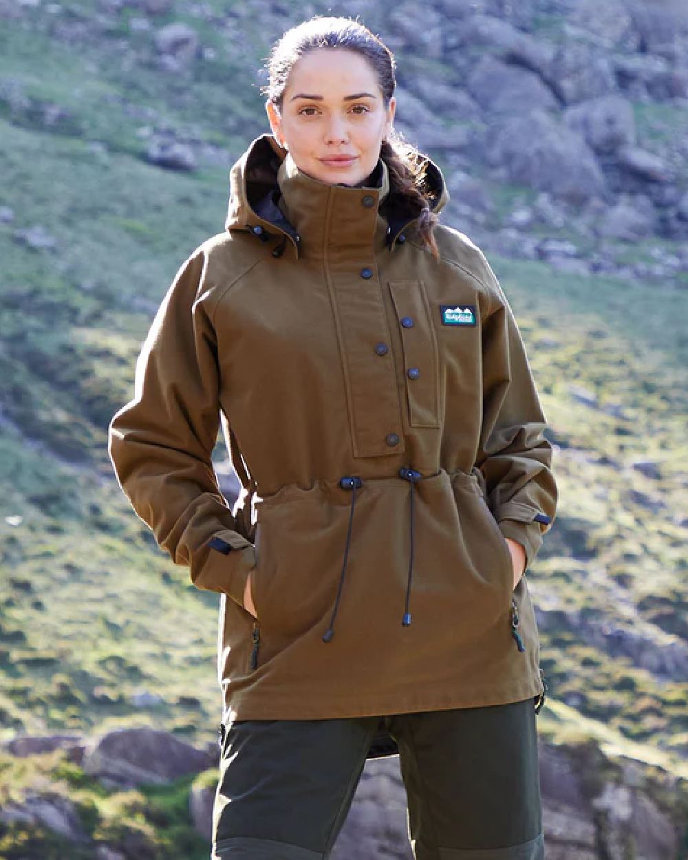 Teak Coloured Ridgeline Ladies Monsoon Waterproof Smock on outdoor background 