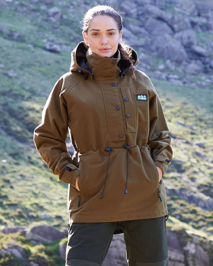 Teak Coloured Ridgeline Ladies Monsoon Waterproof Smock on outdoor background 