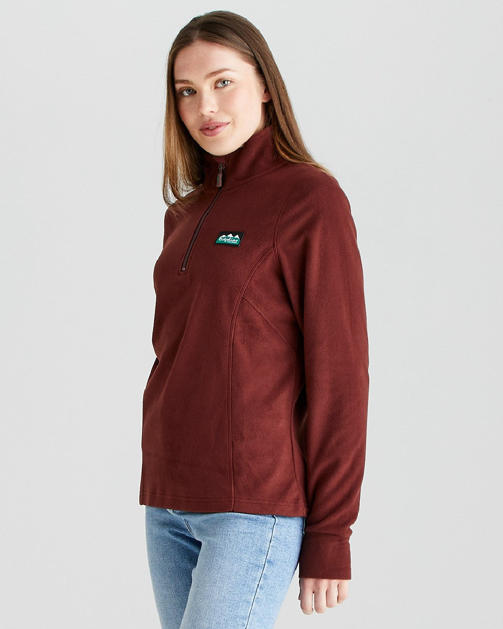 Oxblood coloured Ridgeline Ladies Narvik Fleece on grey background 