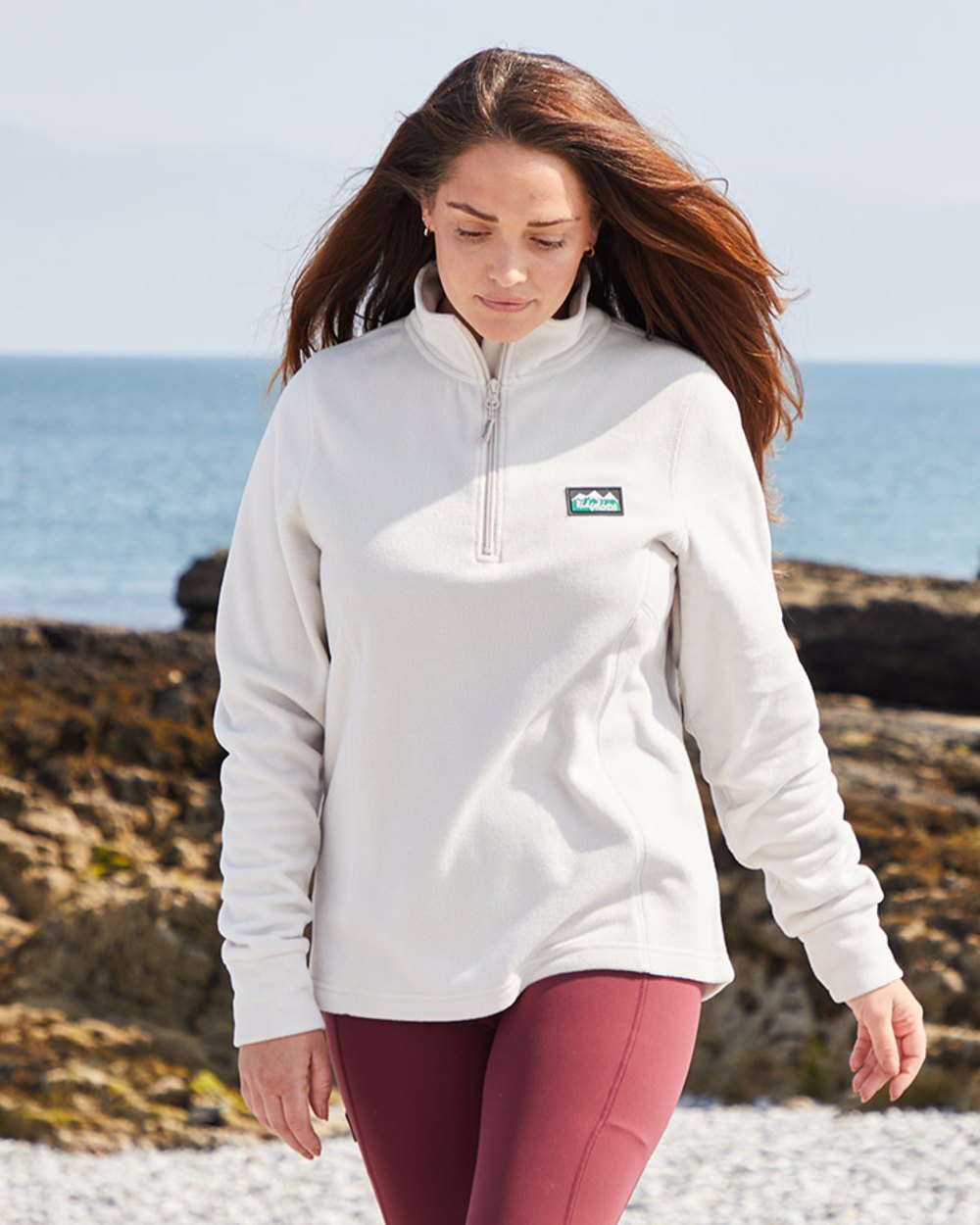 Stone coloured Ridgeline Ladies Narvik Fleece on beach background 