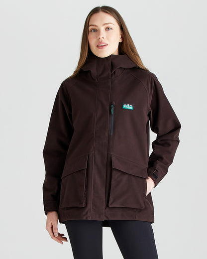 Deep Bark coloured Ridgeline Ladies Rhea Jacket on grey background 