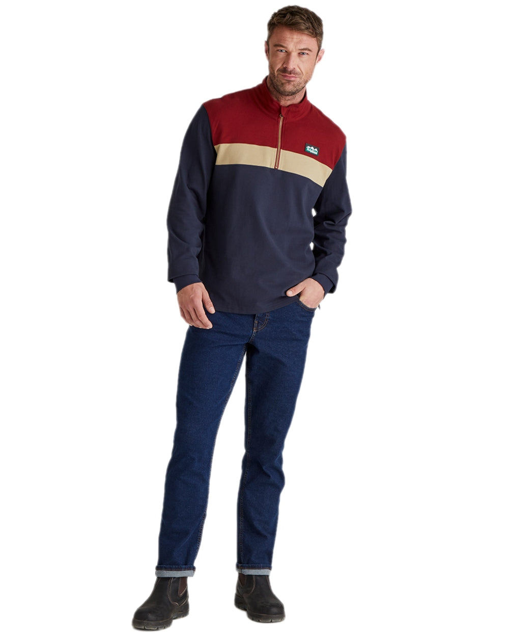 Navy Multi coloured Ridgeline Mens Backslider Rugby Top on white background 