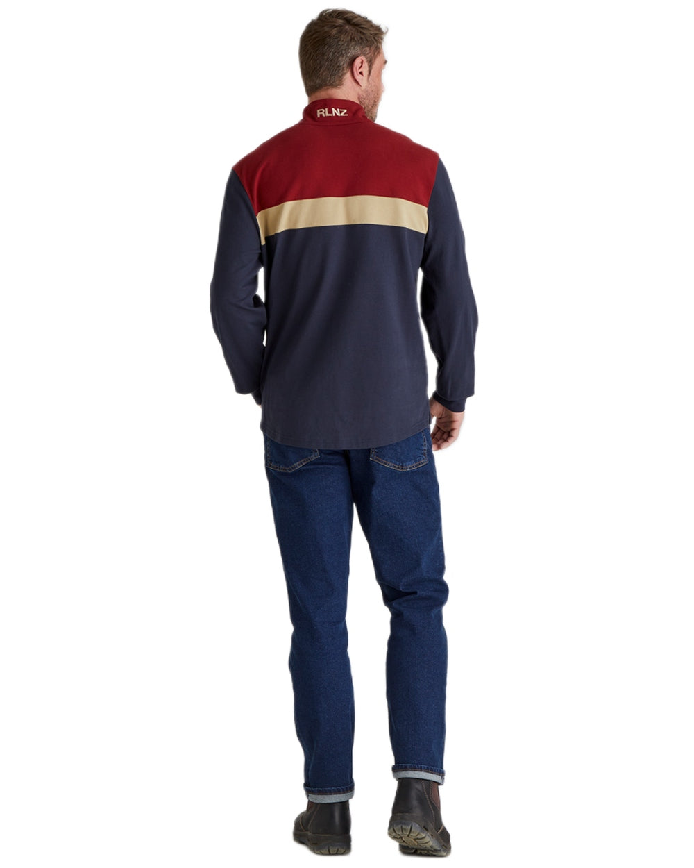 Navy Multi coloured Ridgeline Mens Backslider Rugby Top on white background 