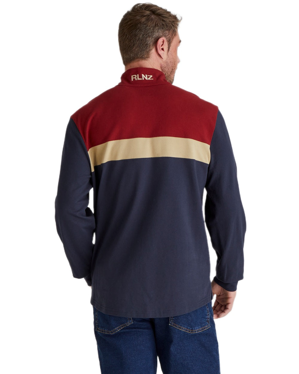 Navy Multi coloured Ridgeline Mens Backslider Rugby Top on white background 