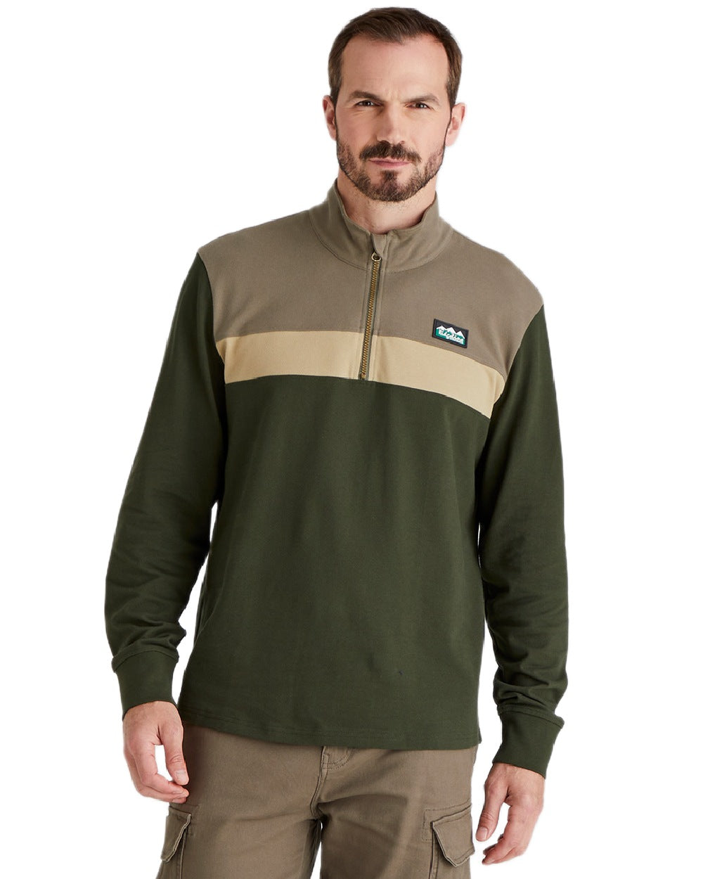 Olive Multi coloured Ridgeline Mens Backslider Rugby Top on white background 