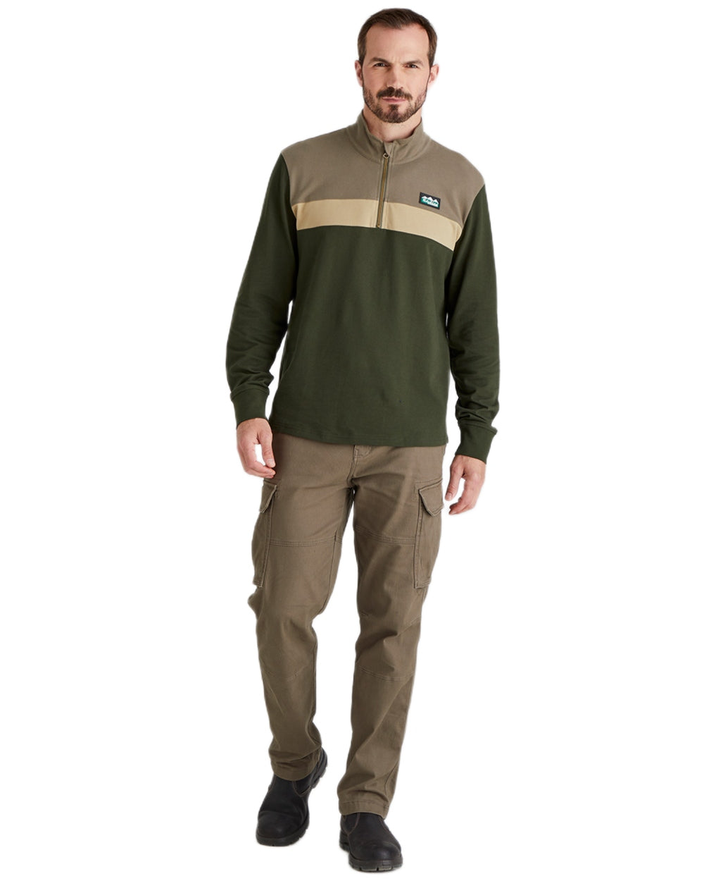Olive Multi coloured Ridgeline Mens Backslider Rugby Top on white background 