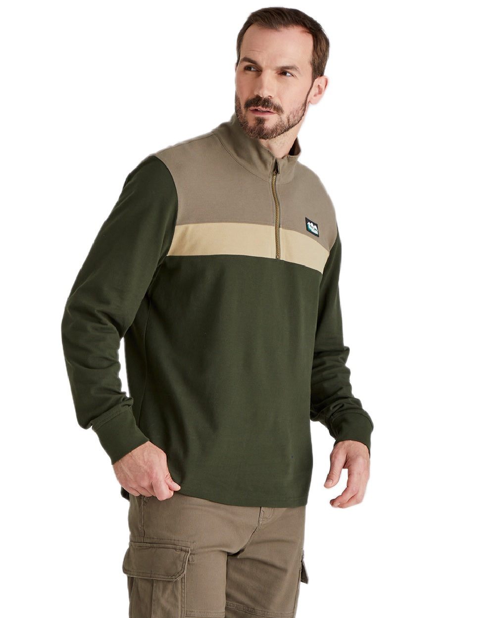 Olive Multi coloured Ridgeline Mens Backslider Rugby Top on white background 