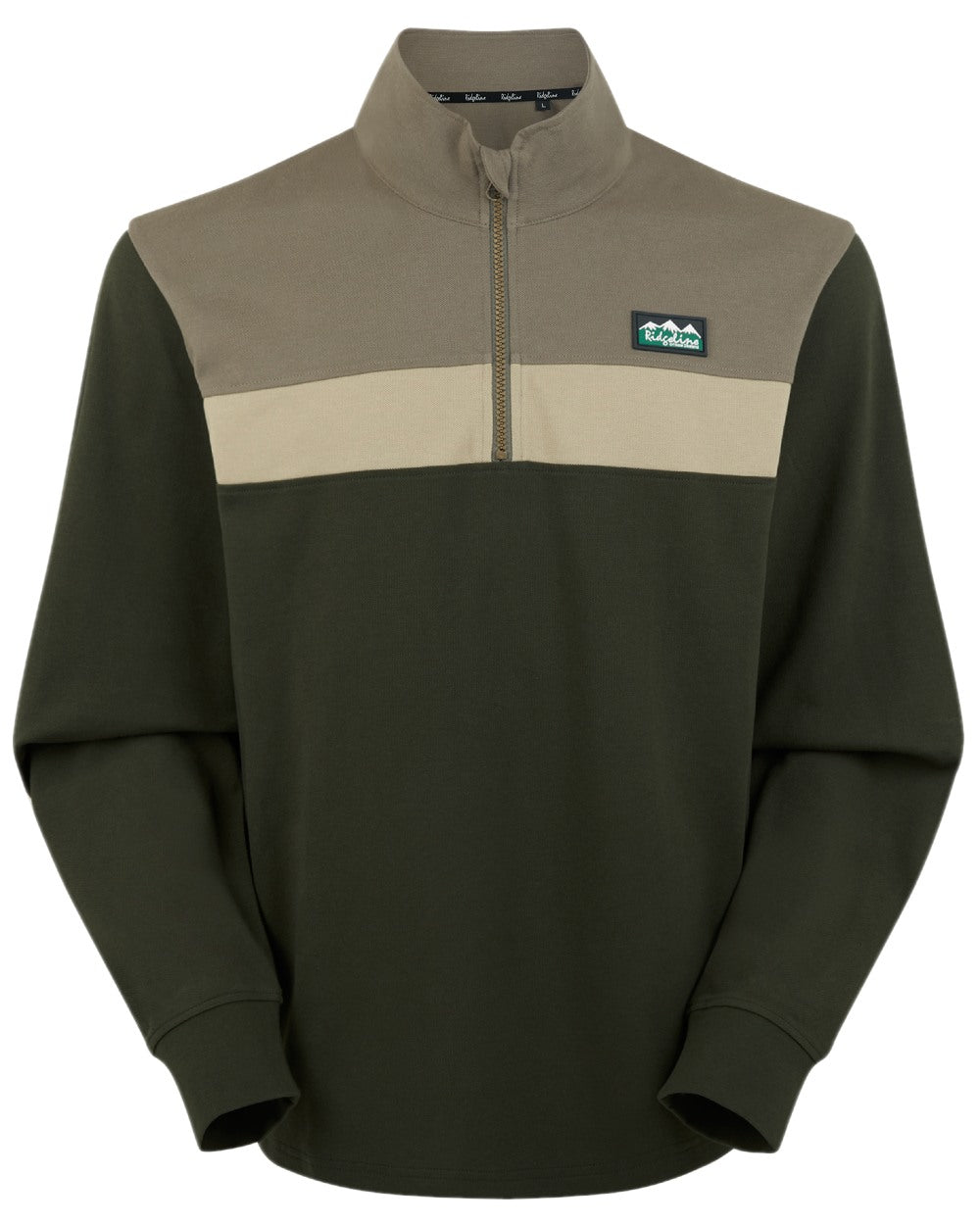 Olive Multi coloured Ridgeline Mens Backslider Rugby Top on white background 
