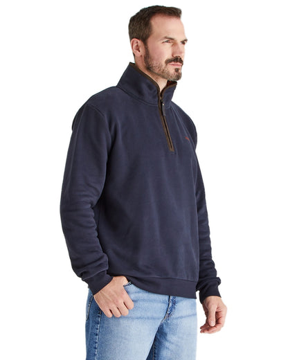 Navy Coloured Ridgeline Mens Brancaster Quarter Zip Top on white background 