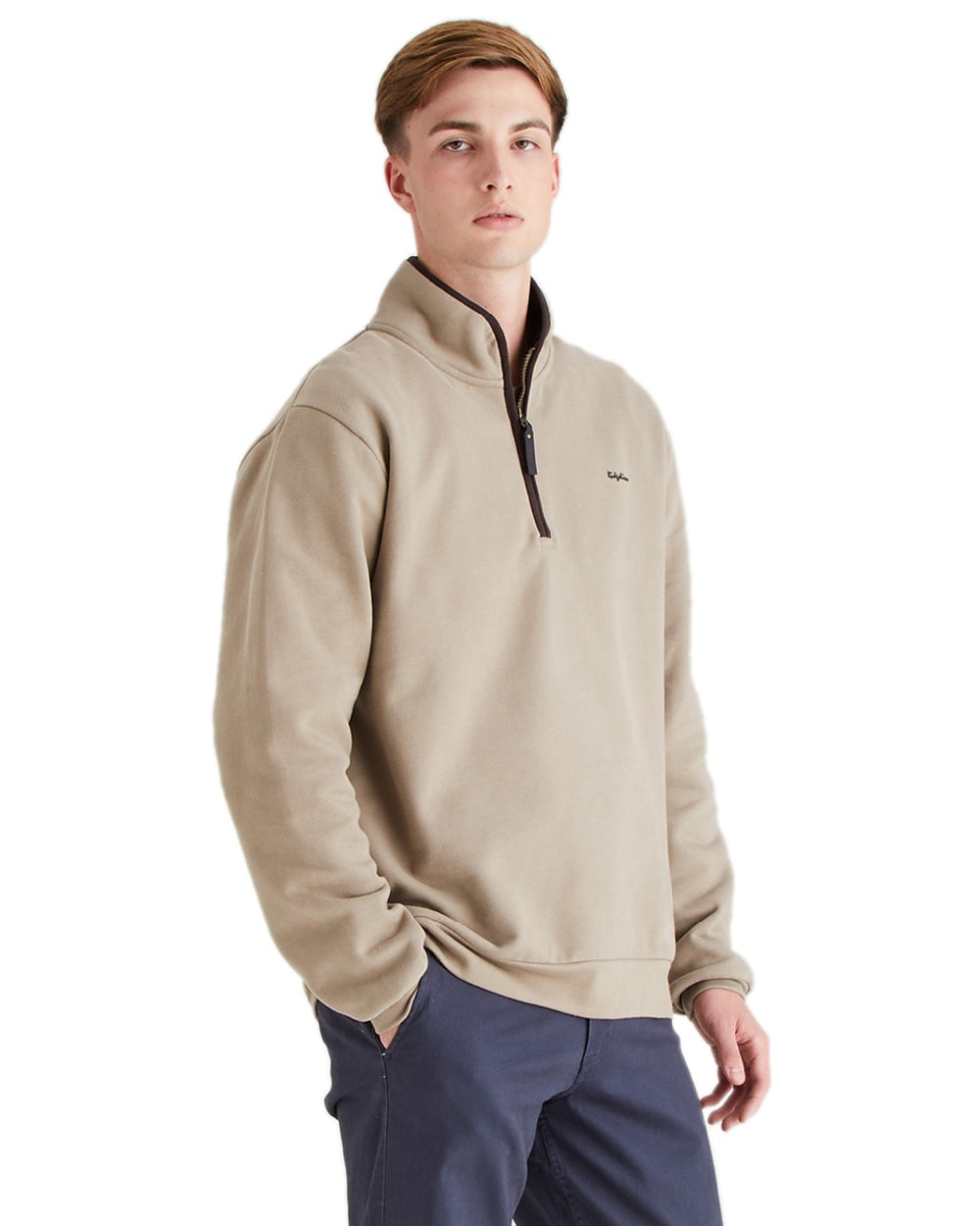 Roasted Cashew Coloured Ridgeline Mens Brancaster Quarter Zip Top on white background 