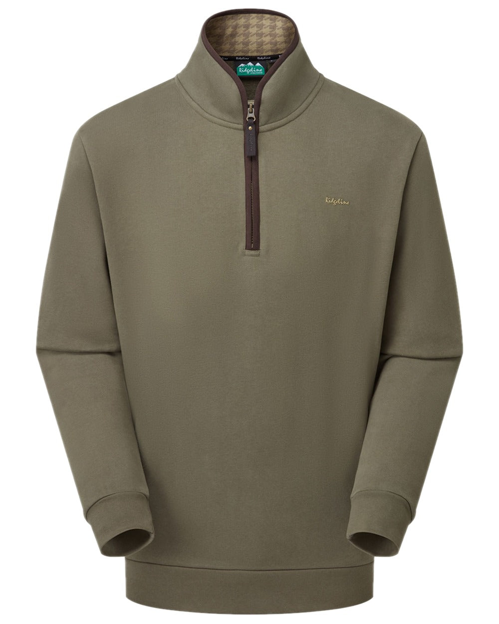 Smokey Olive Coloured Ridgeline Mens Brancaster Quarter Zip Top on white background 