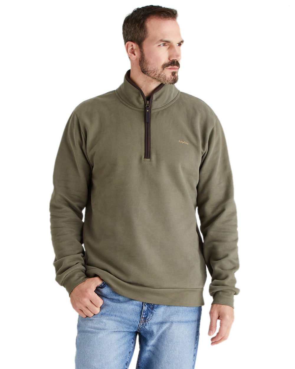 Smokey Olive Coloured Ridgeline Mens Brancaster Quarter Zip Top on white background 