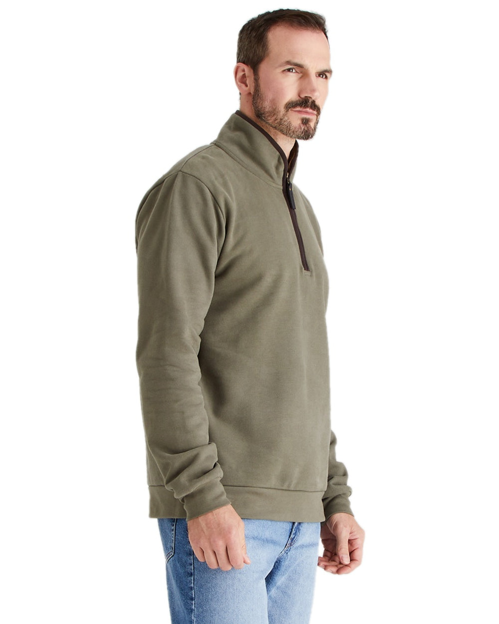 Smokey Olive Coloured Ridgeline Mens Brancaster Quarter Zip Top on white background 