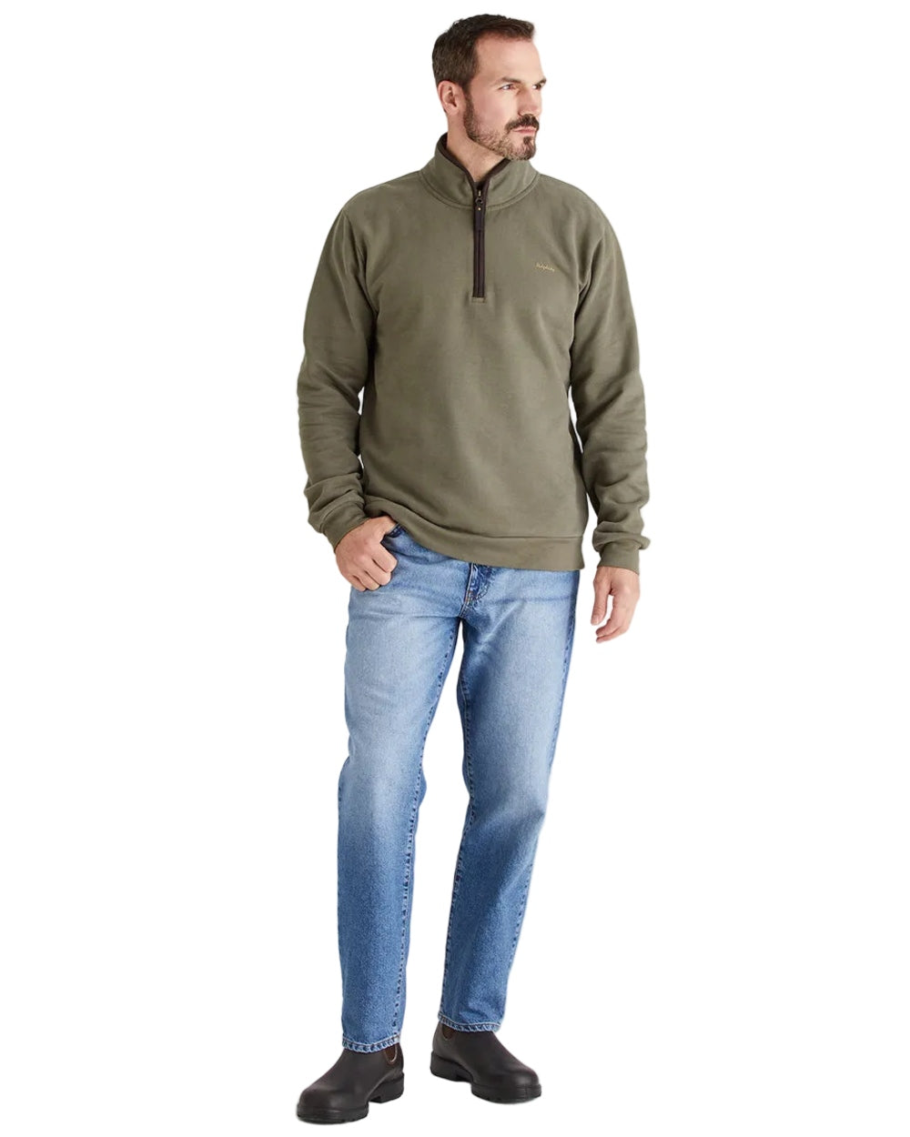 Smokey Olive Coloured Ridgeline Mens Brancaster Quarter Zip Top on white background 