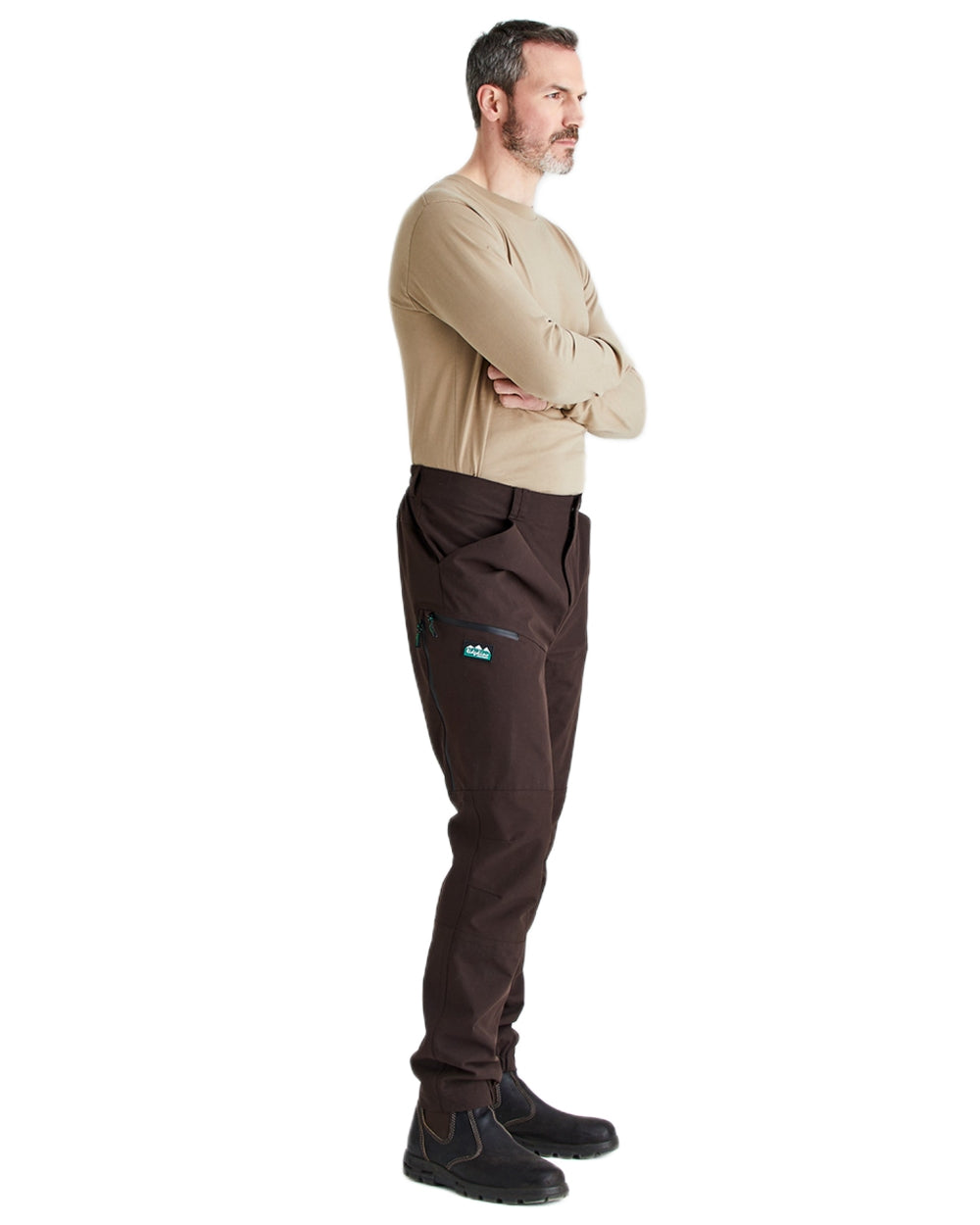 Deep Bark coloured Ridgeline Mens Cambrian Trousers on white background 