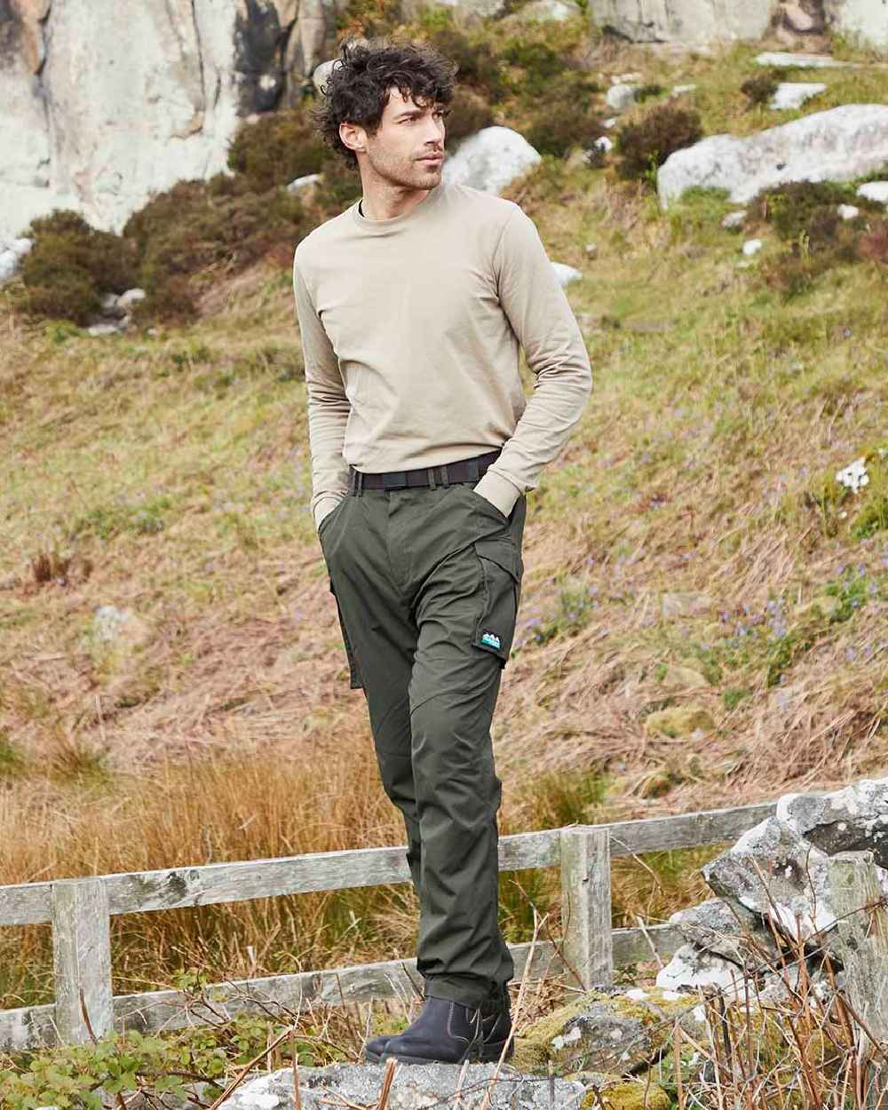 Deep Forest coloured Ridgeline Mens Grafter Trousers on hillside background 