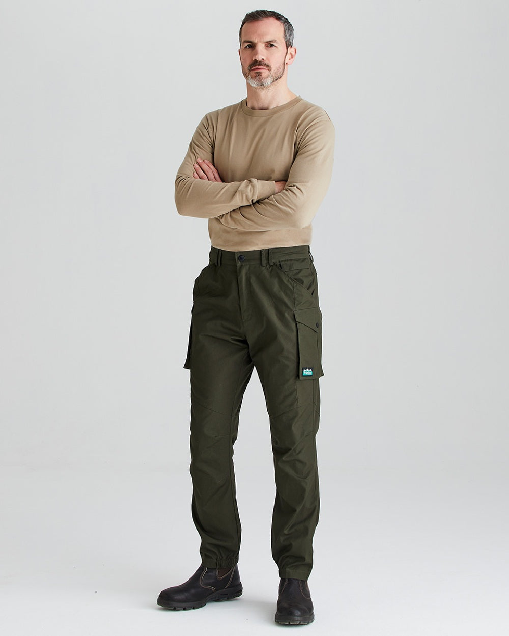Deep Forest coloured Ridgeline Mens Grafter Trousers on grey background 