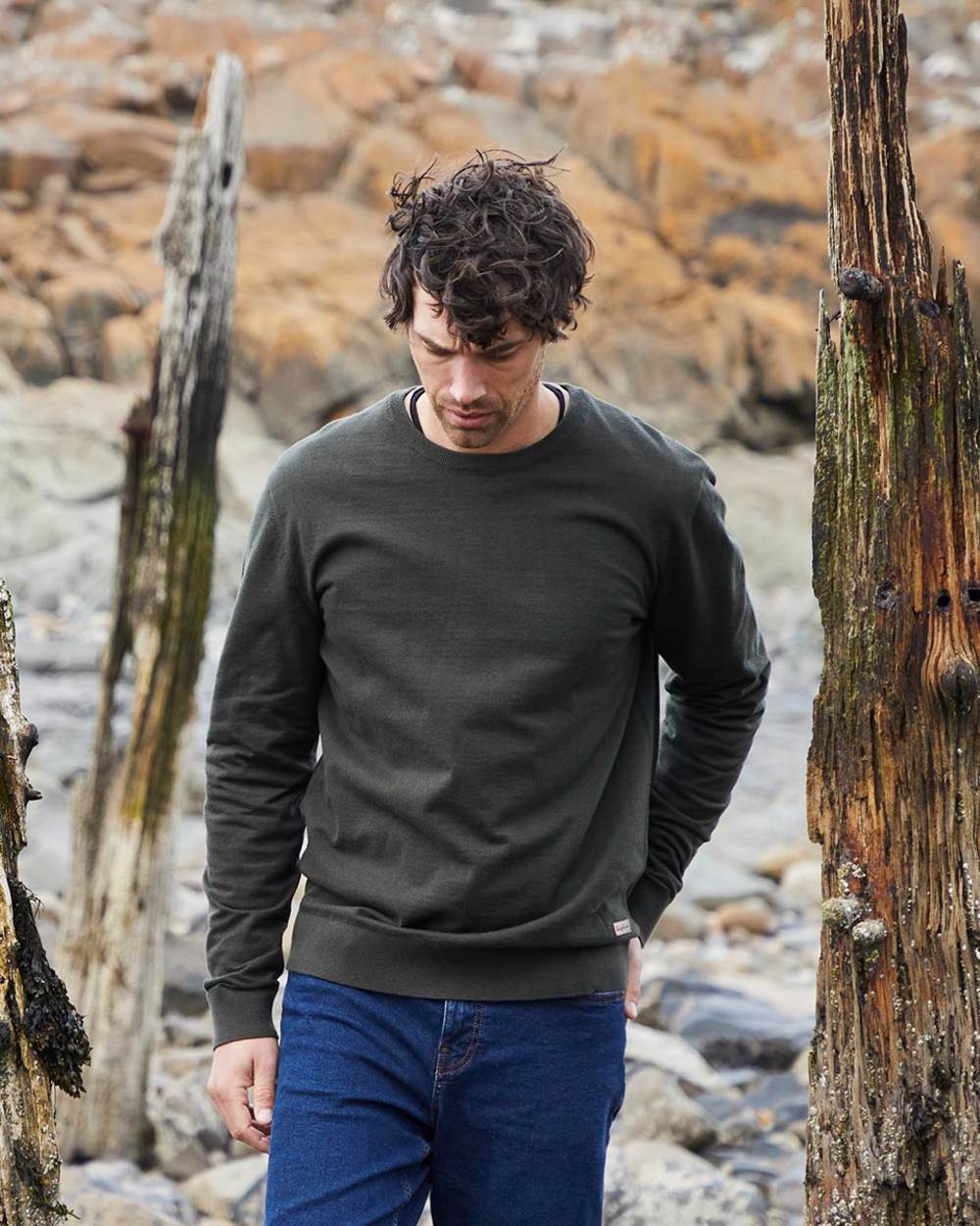 Deep Forest coloured Ridgeline Mens Hartland Crew Knit Jumper on shore background 
