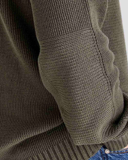 Moss coloured Ridgeline Mens Journeyman Knit Jumper on grey background 
