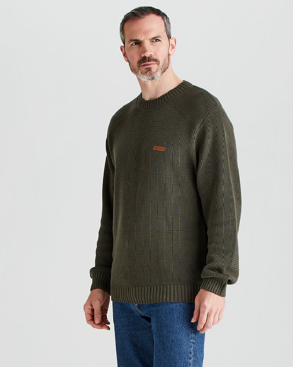 Moss coloured Ridgeline Mens Journeyman Knit Jumper on grey background 