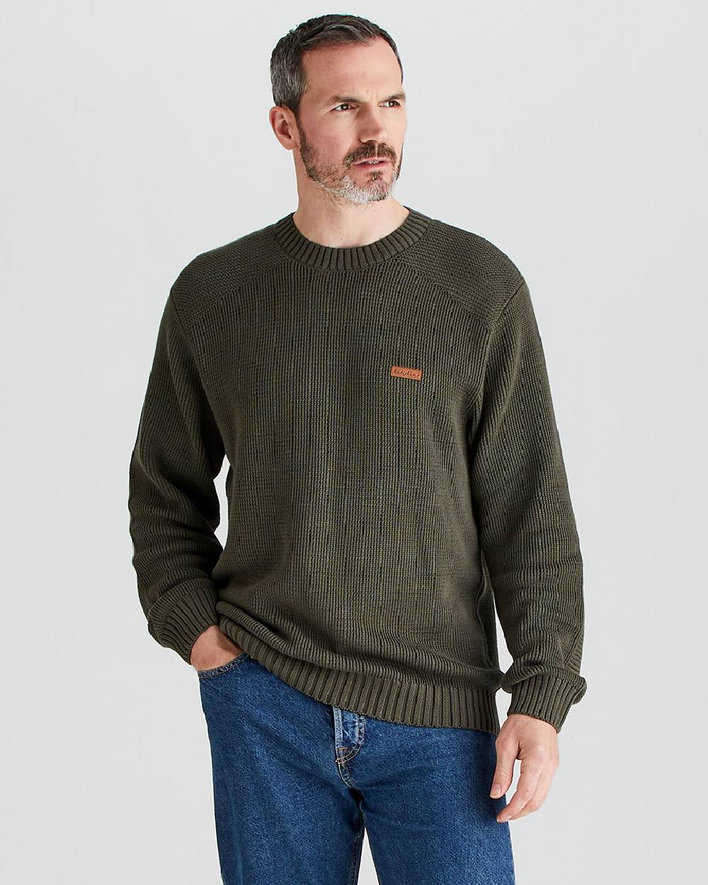 Moss coloured Ridgeline Mens Journeyman Knit Jumper on grey background 