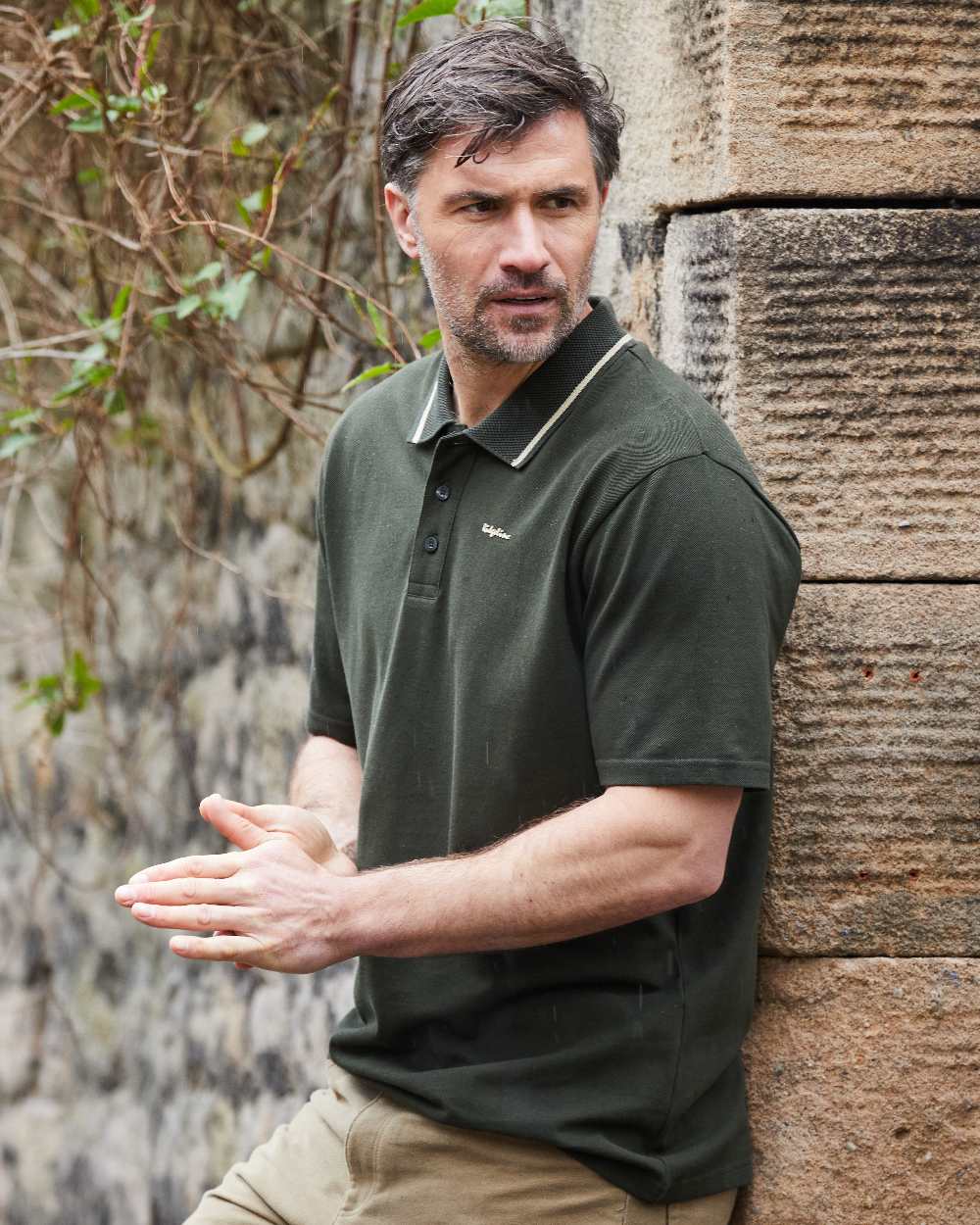 Deep Forest Coloured Ridgeline Mens Kilworth Polo Shirt on outdoor background 