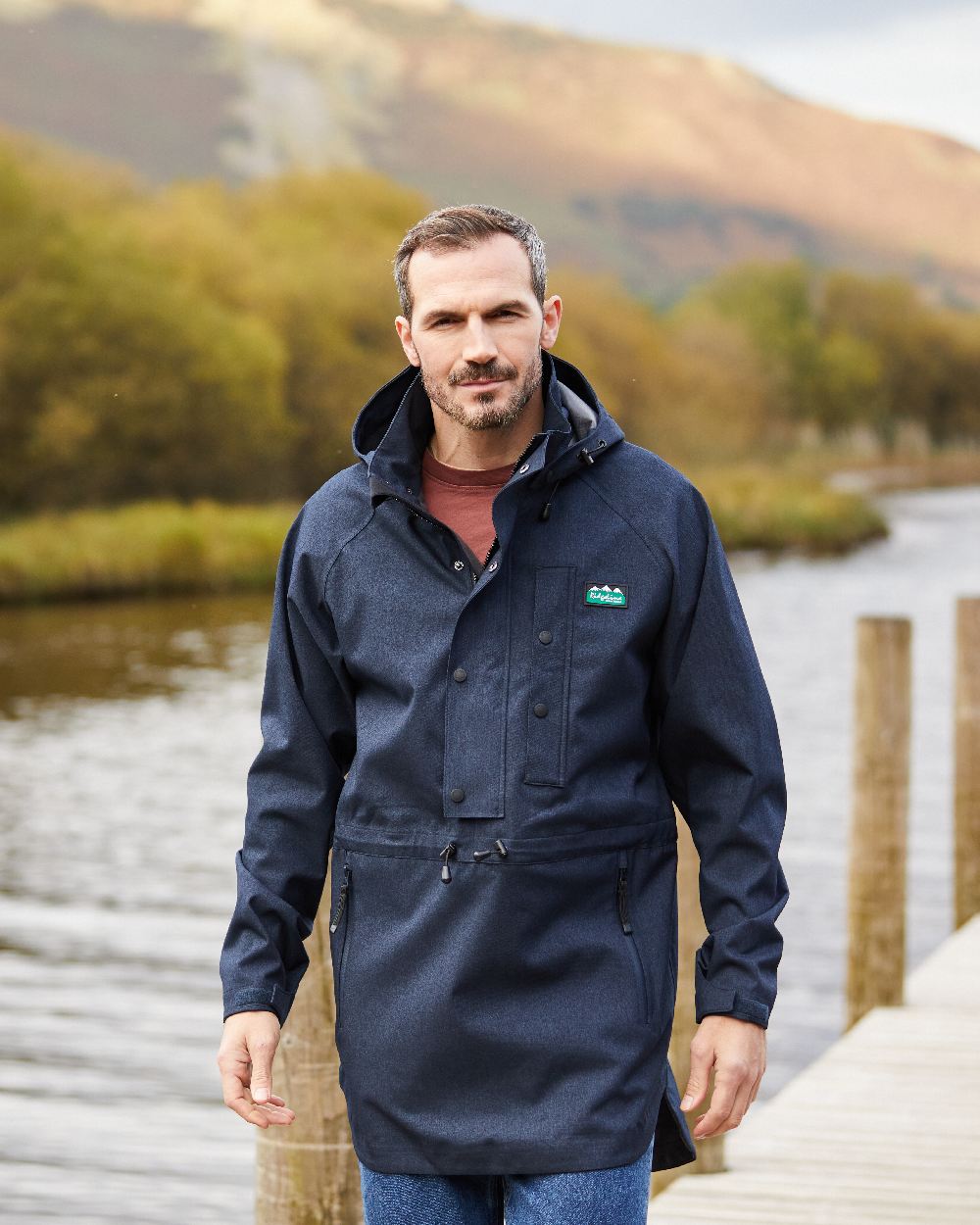 Navy Marl coloured Ridgeline Mens Monsoon Light Smock on mountain background 