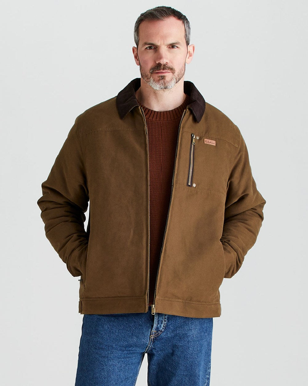 Moody Teak coloured Ridgeline Mens Montana Work Coat on grey background 