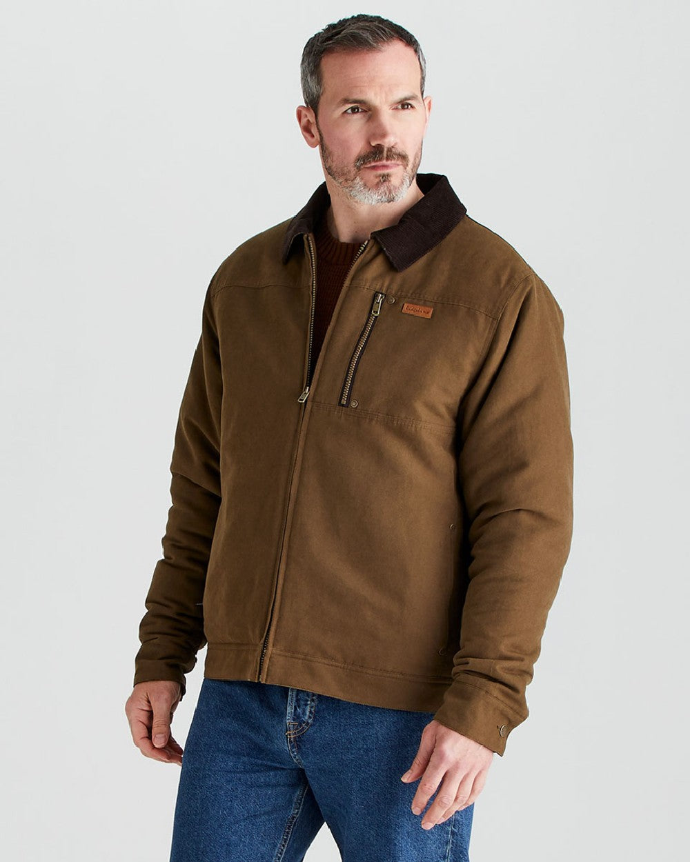 Moody Teak coloured Ridgeline Mens Montana Work Coat on grey background 