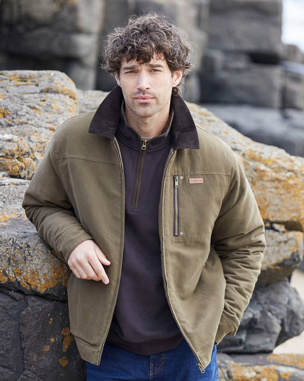 Moody Teak coloured Ridgeline Mens Montana Work Coat on outdoor background 