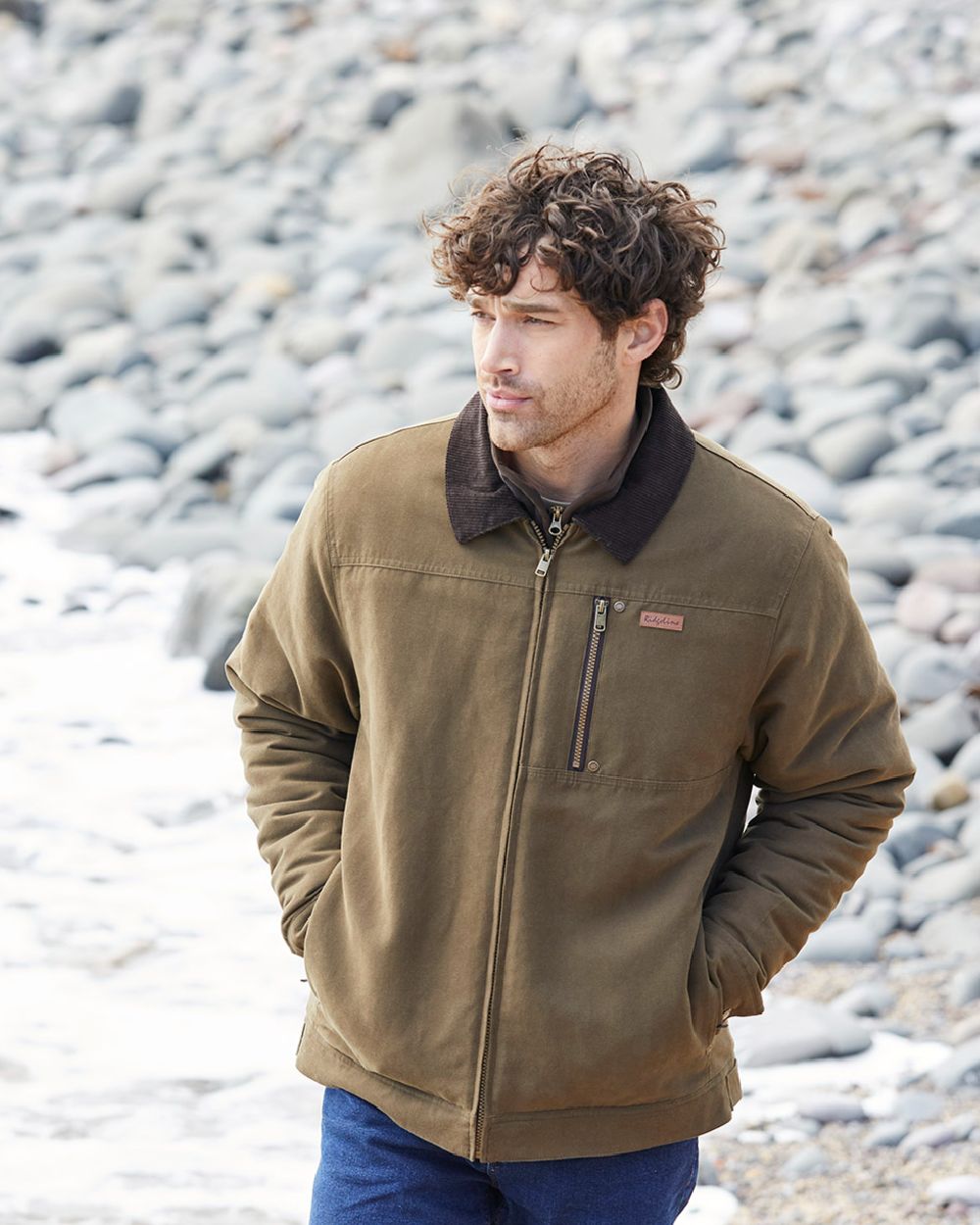 Moody Teak coloured Ridgeline Mens Montana Work Coat on shore background 