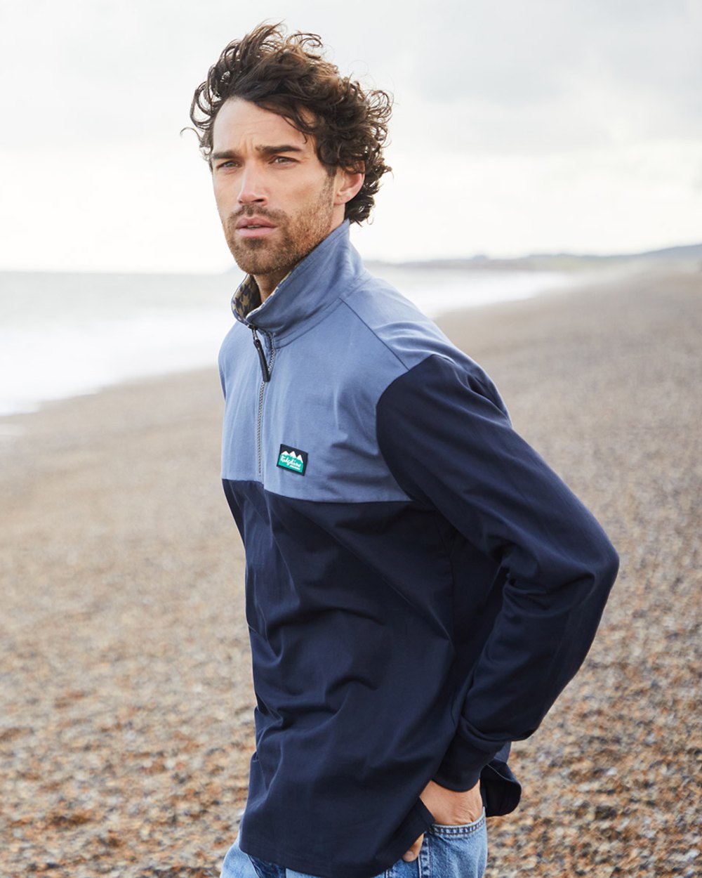 Navy Multi Coloured Ridgeline Mens Salthouse Quarter Zip Top on outdoor background 