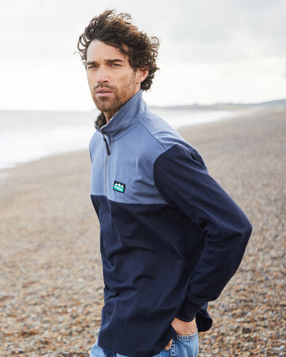 Navy Multi Coloured Ridgeline Mens Salthouse Quarter Zip Top on outdoor background 