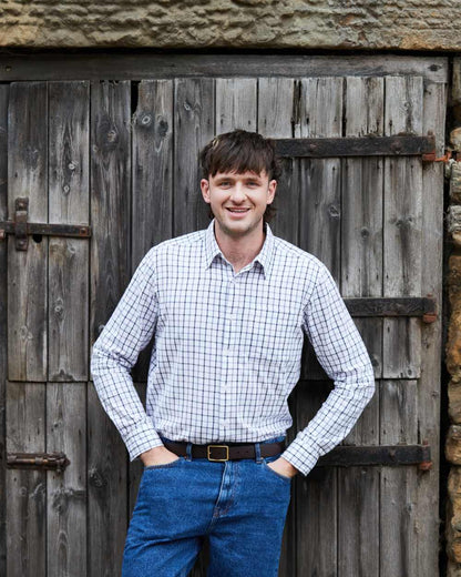 Navy coloured Ridgeline Mens Sedgebrook Shirt on door background 
