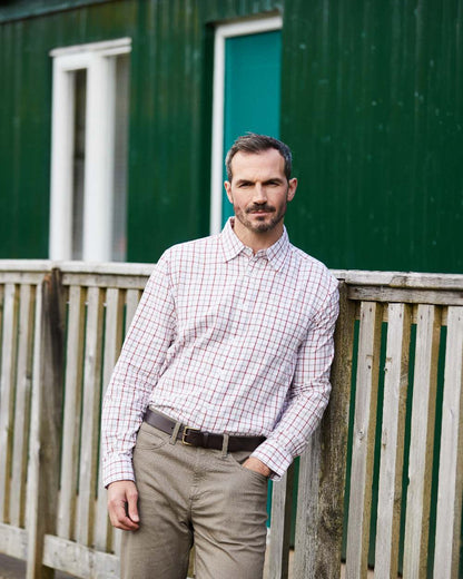 Russet coloured Ridgeline Mens Sedgebrook Shirt on house background 