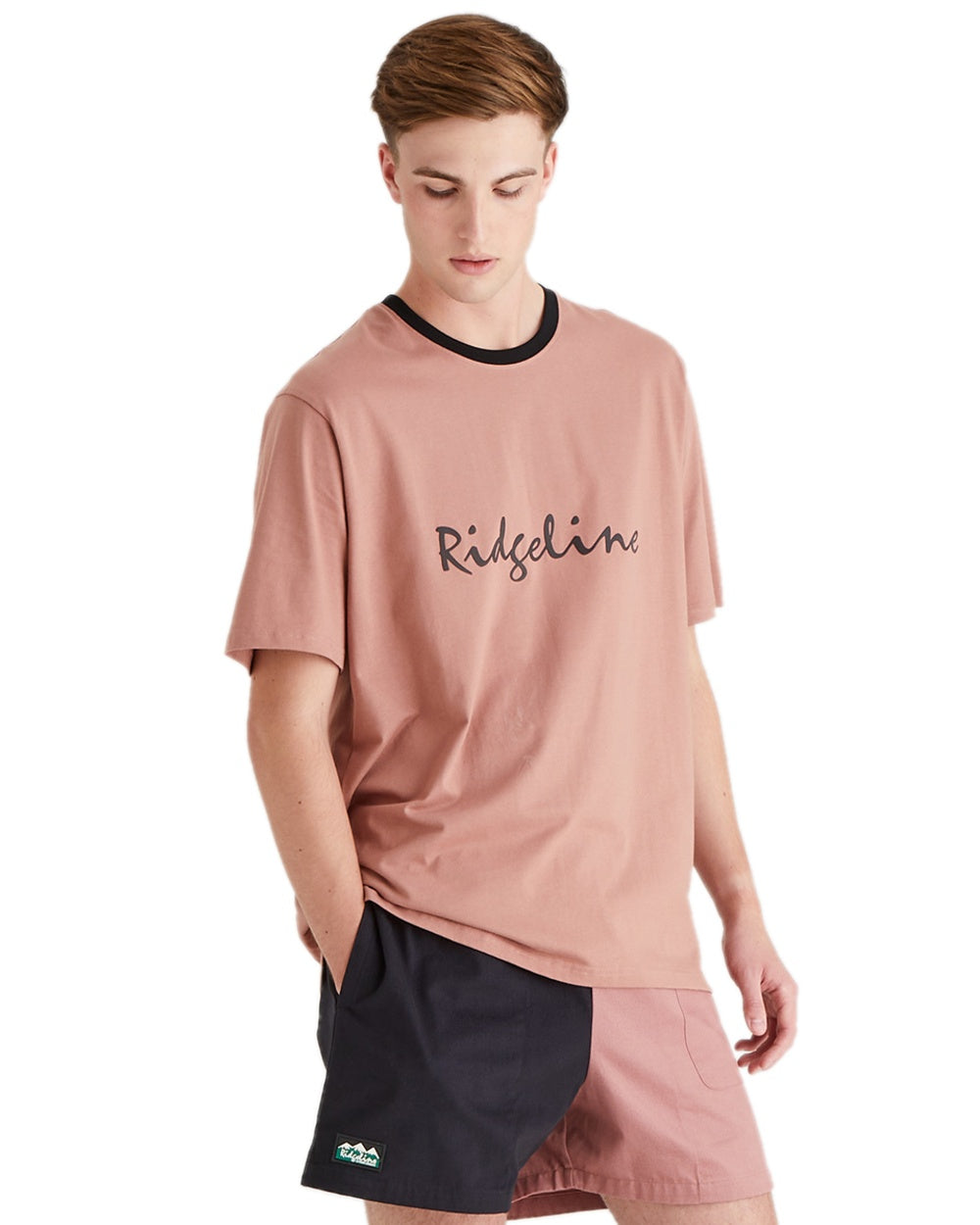 Dusky Pink Coloured Ridgeline Mens Signature T-Shirt on white background 