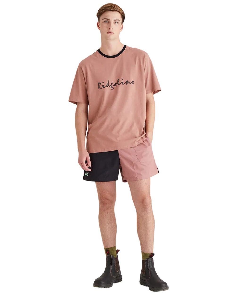 Dusky Pink Coloured Ridgeline Mens Signature T-Shirt on white background 