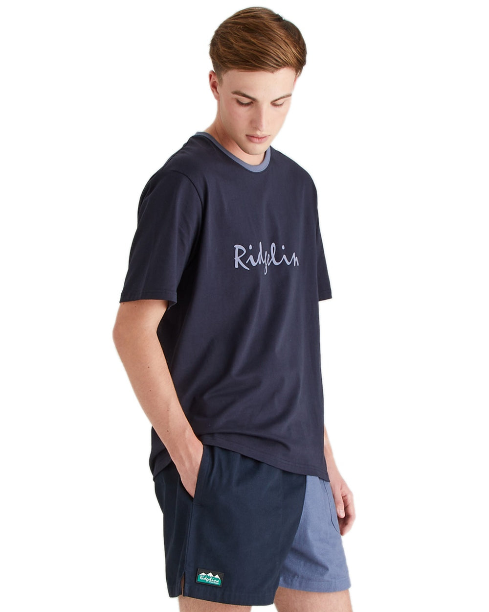 Navy Coloured Ridgeline Mens Signature T-Shirt on white background 