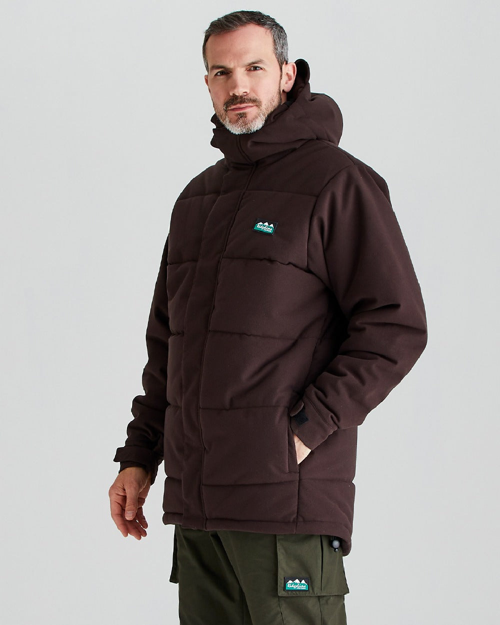 Deep Bark coloured Ridgeline Mens Tundra Thermal Jacket on grey background 