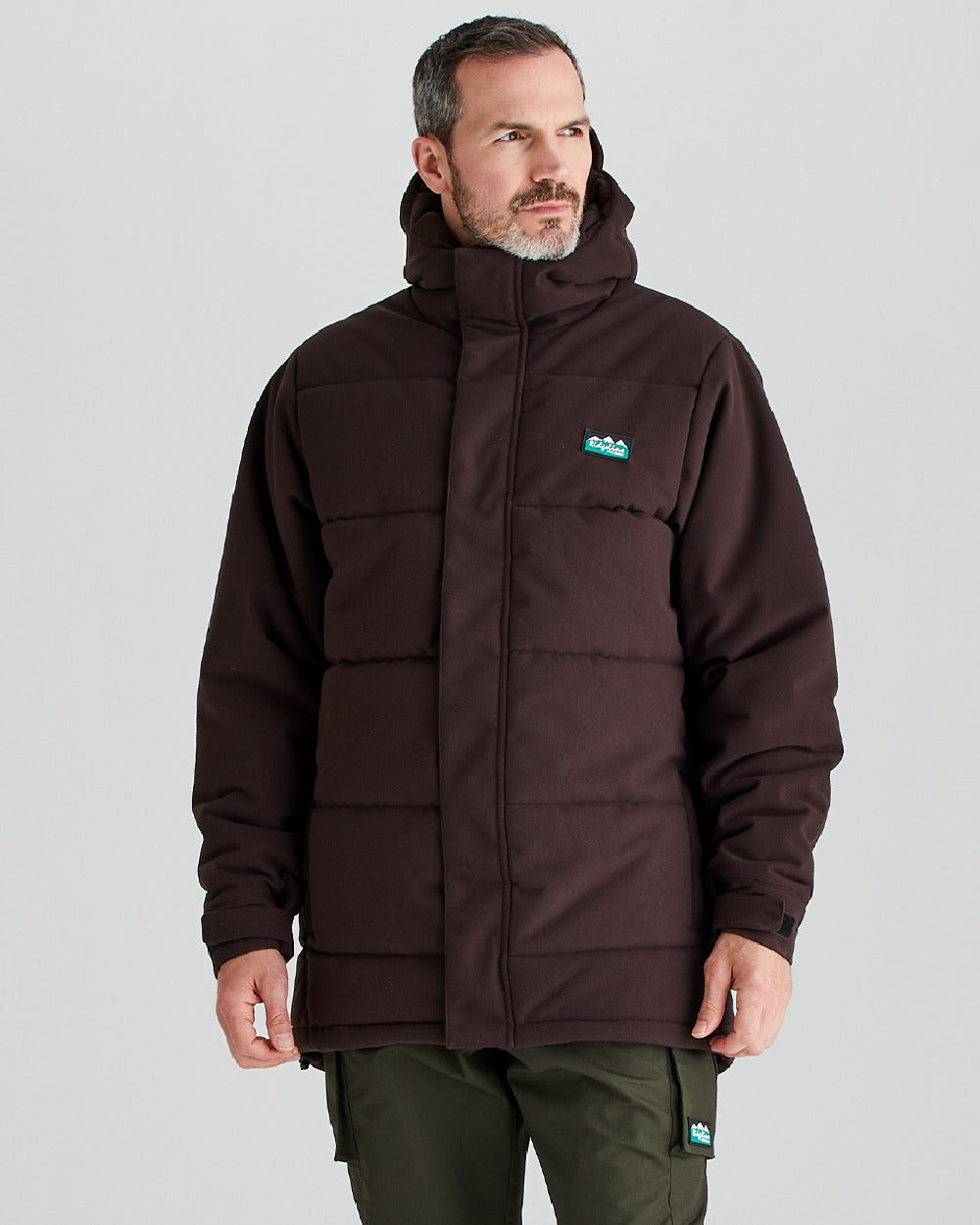 Deep Bark coloured Ridgeline Mens Tundra Thermal Jacket on grey background 