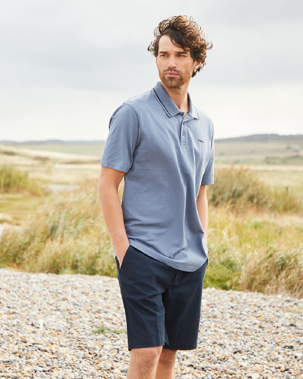 Navy Coloured Ridgeline Mens Waxham Shorts on outdoor background 
