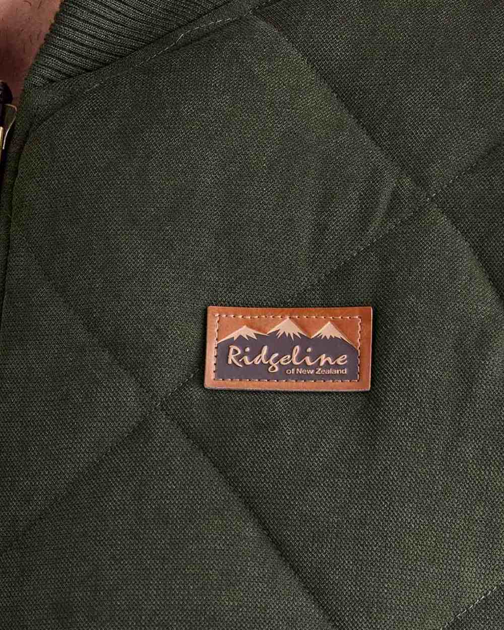 Deep Forest coloured Ridgeline Mens Wester Skeld Gilet close up logo background 